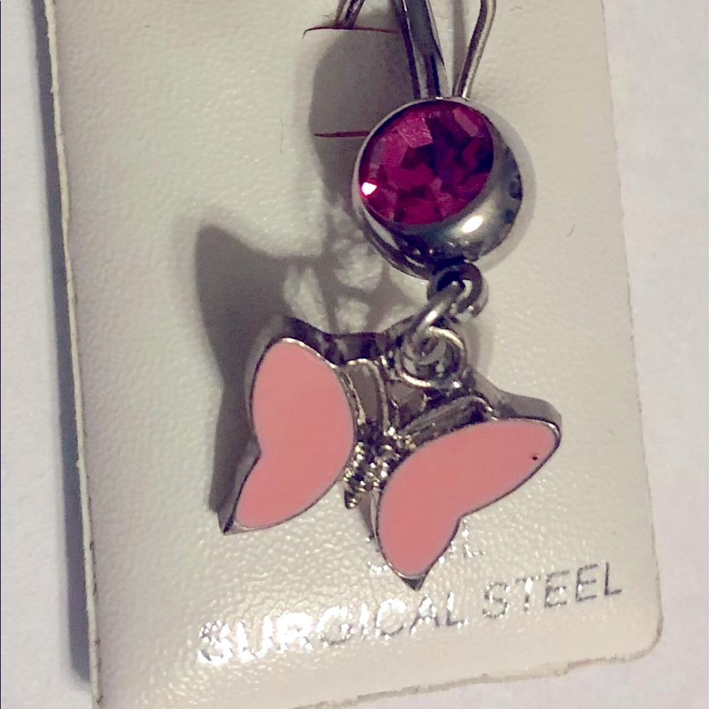 PINK BUTTERFLY DANGLE BELLY BUTTON RING